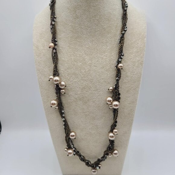 J Crew Copperish Necklace with Faux Pearls and Clear Crystals - Picture 1 of 13